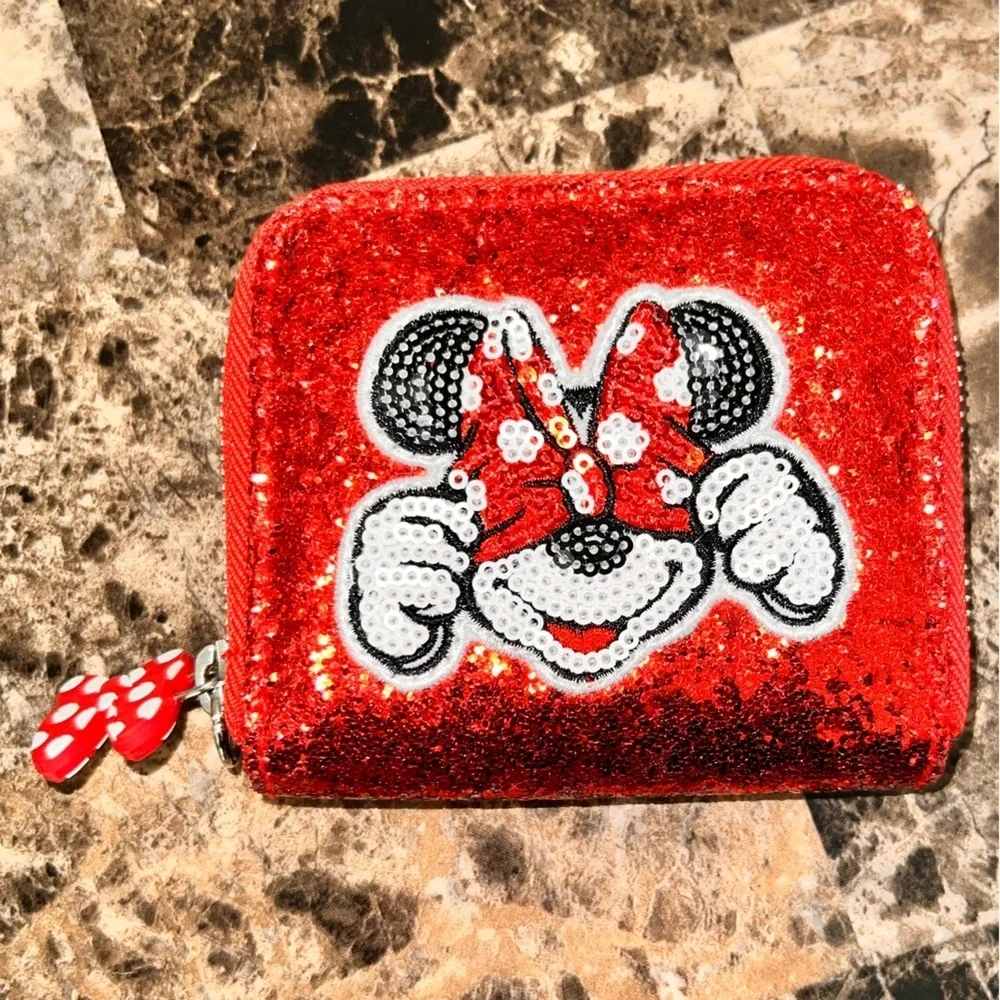 Disney Minnie Mouse Red Sequin Wallet with Cartoon Character EUC